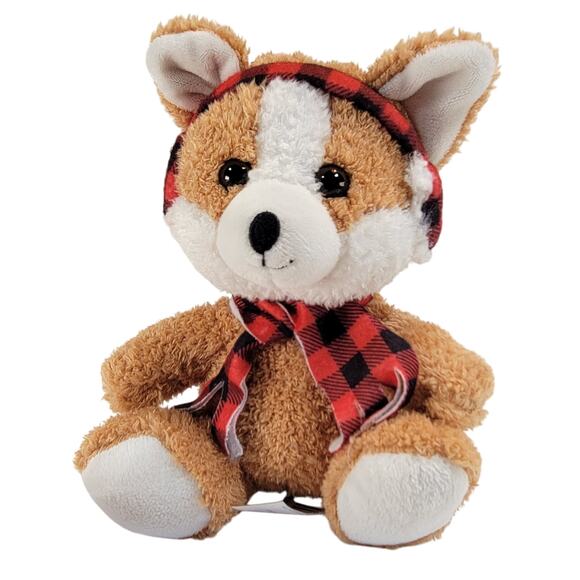 Light Brown Dog Plush Stuffed Animal 7" Red Plaid Earmuffs Scarf Soft Toy Corgi - Picture 6 of 15